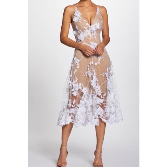 Dress the Population Size L Audrey Spaghetti Strap Midi A-line 3D Floral Ivory - Picture 1 of 8